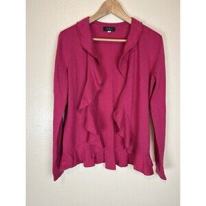 Forte 100% Cashmere M Sweater Cardigan Pink Ruffle Neck Open Front Knit